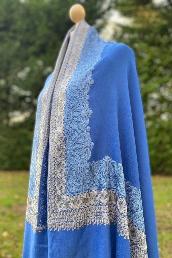 Wool Silk Shawl-Sapphire Blue Embroidered Lightweight Stole