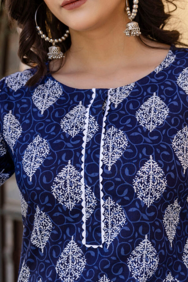 Pure Cotton Block Print Kurta-Blue Kantha Stitch lndian Tunic