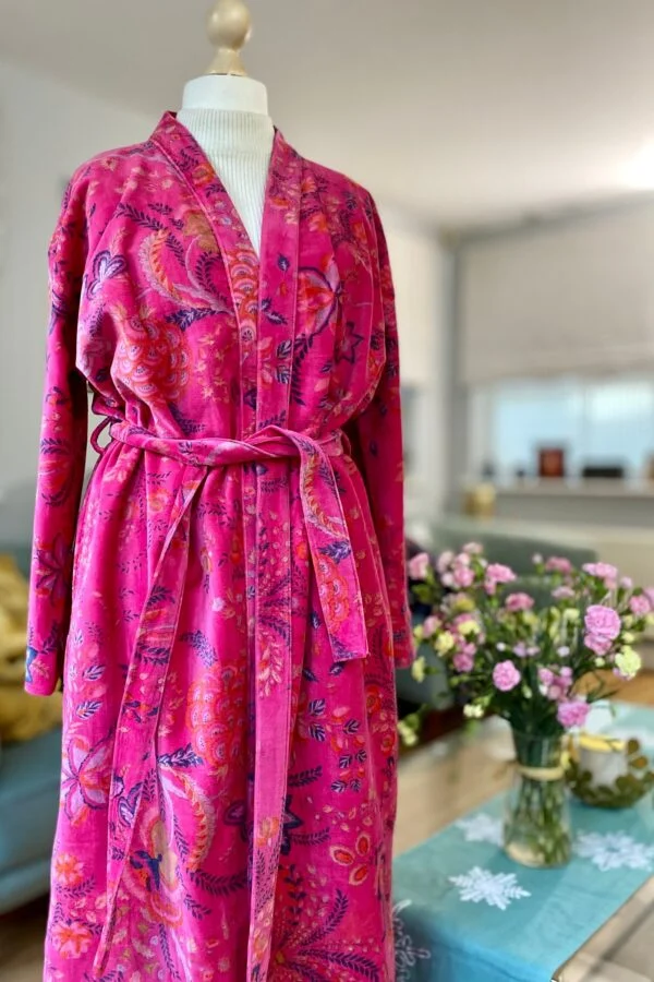 Cotton Velvet Robe, Pink Botanical Print Dressing Gown
