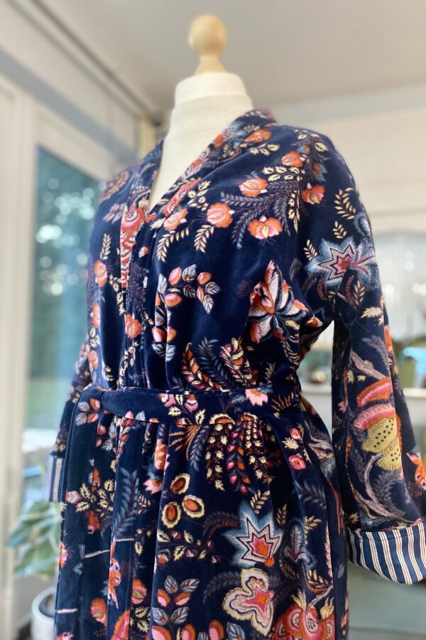 Cotton Velvet Robe, Navy Blue Botanical Print Dressing Gown