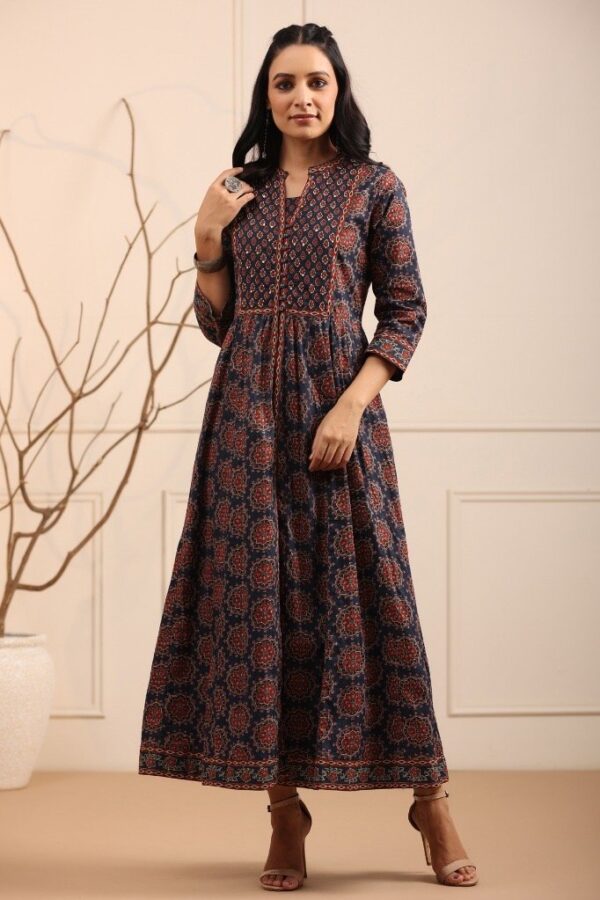 Pure Cotton Layered Long dress-Dark Blue Ethnic Hand Block Print Midaxi