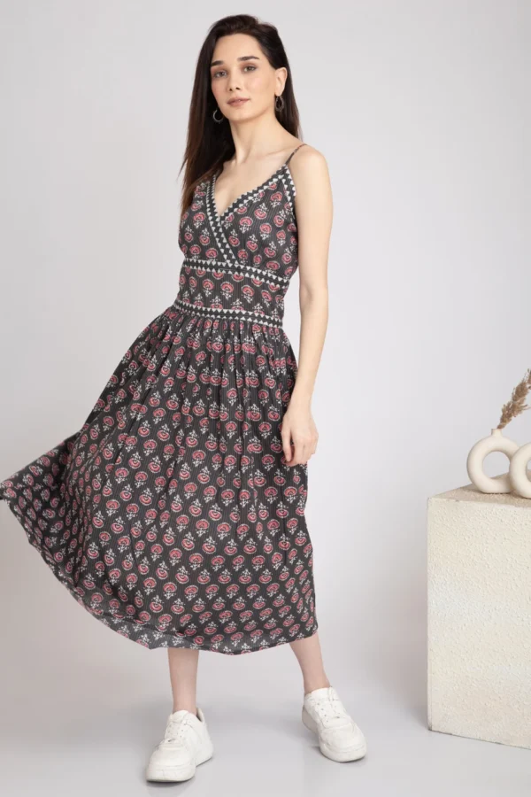 Block print Pure cotton Black Slip Dress-Boho Chic Midi