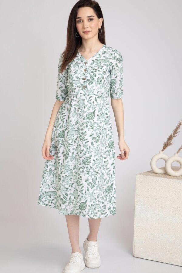 Pure Cotton Midi Dress-Lined- Floral Hand Block Print