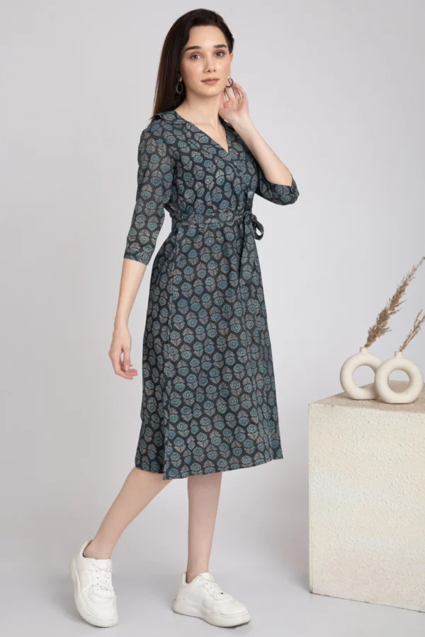Hand Block Print A-Line Midi -Indigo Eco Dyed Pure Cotton Dress