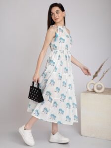 Tiered White Floral Midi- Cotton Summer dress with tie up Shoulder straps