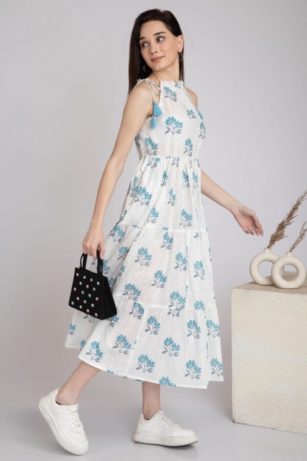 Tiered White Floral Midi- Cotton Summer dress with tie up Shoulder straps