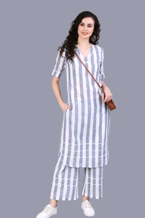 Pure Cotton Long Tunic & Wide Leg Pant in Woven Stripes- Summer Coordinate