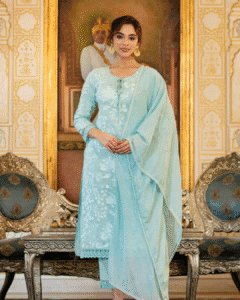 Straight Kurta Set-Sea Green Embroidered Cotton Kurta-Ethnic Women's Salwar Suit