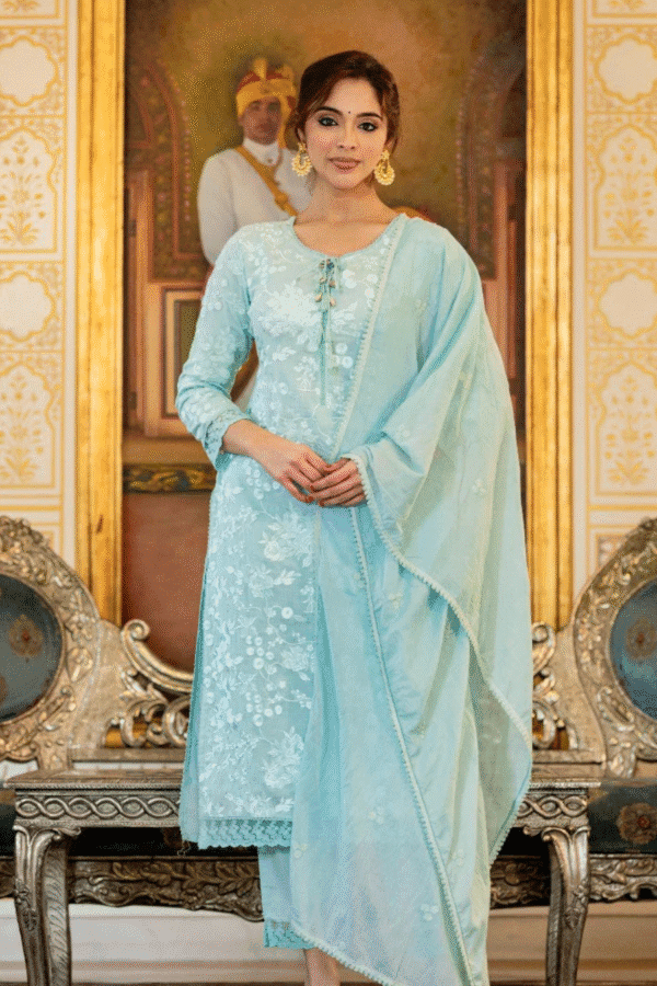 Straight Kurta Set-Sea Green Embroidered Cotton Kurta-Ethnic Women's Salwar Suit