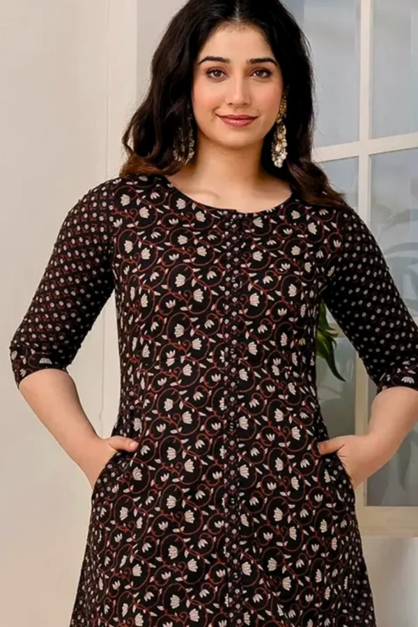Pure Cotton Hand Block Print Midi dress- Pockets-Black Panelled Dress