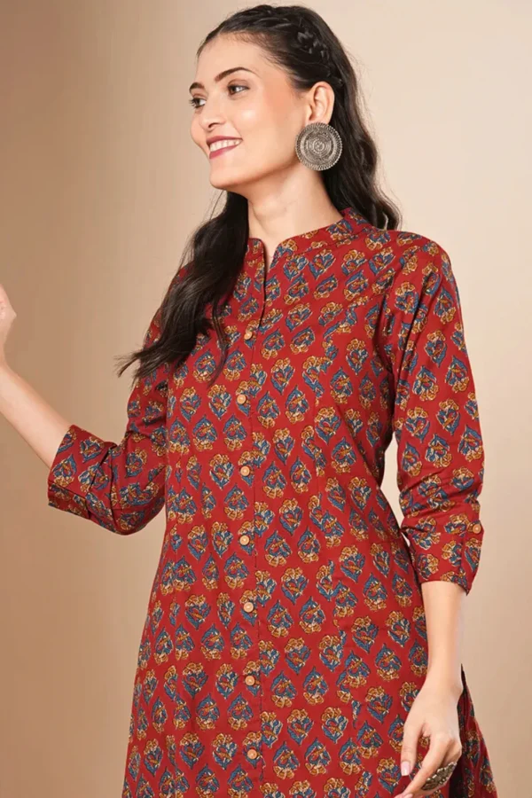 Pure Cotton Indian Long Tunic-Red Block Print A-Line Kurta
