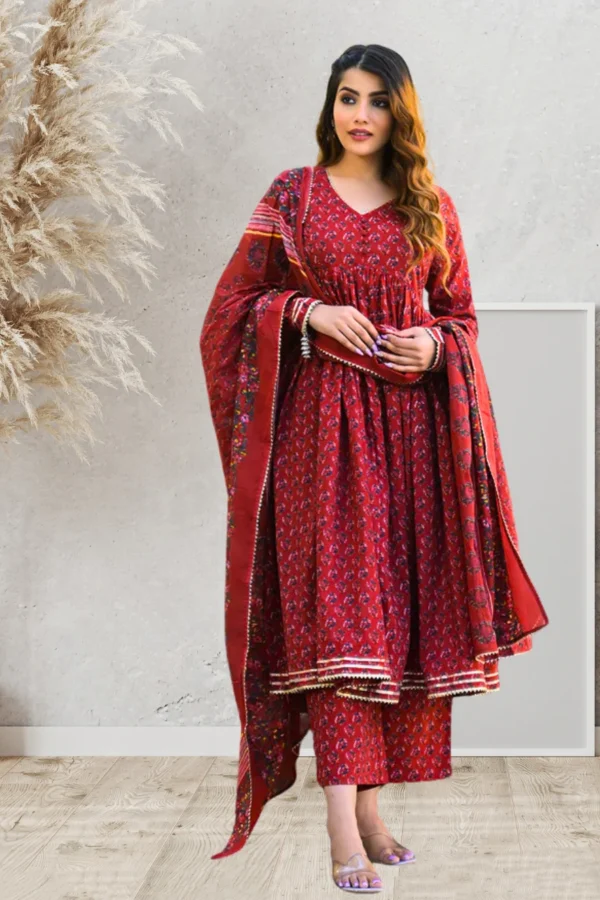 Red Anarkali Kurta Set-Pure Cotton Hand Block Print Flared Ethnic women's Dress