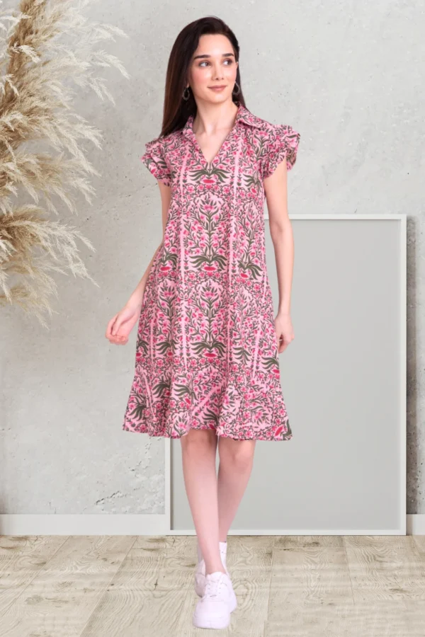 Pink Pure Cotton Dress-Pockets-Flutter Sleeves Tiered Block Print summer Dress