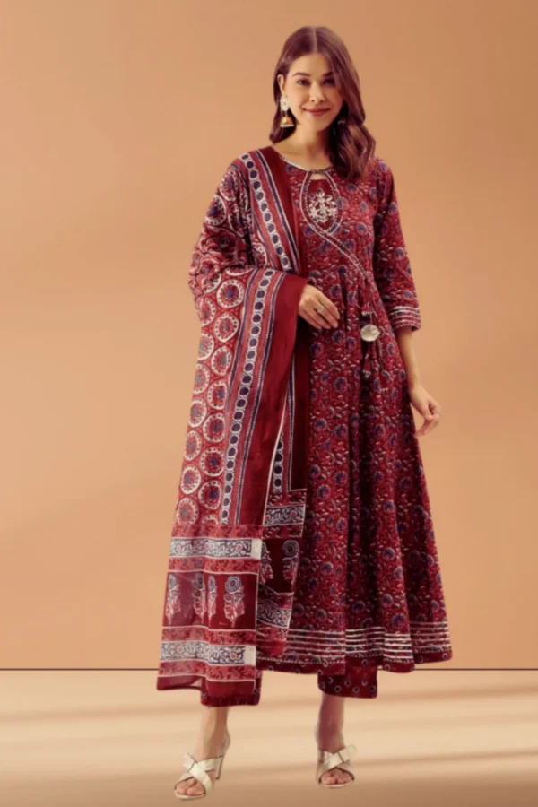 Anarkali Kurta Set-Maroon Pure Cotton Hand Block Print Embroidered Ethnic Women's