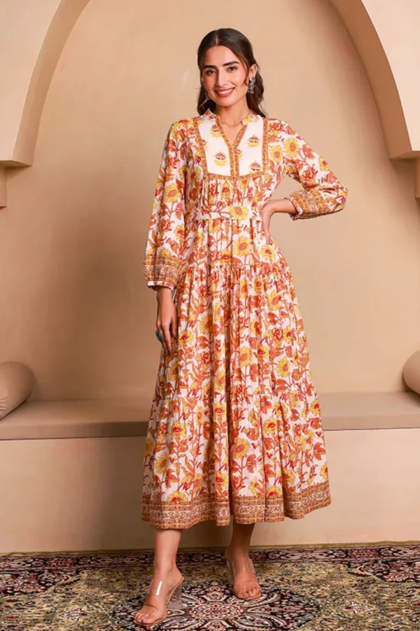 Pure Cotton Floral Hand Block Print Tiered Long Dress-Bohemian