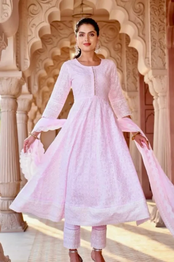 Pink Anarkali Kurta Set-Cotton Embroidered Fabric-Lined Flared Indian Dress