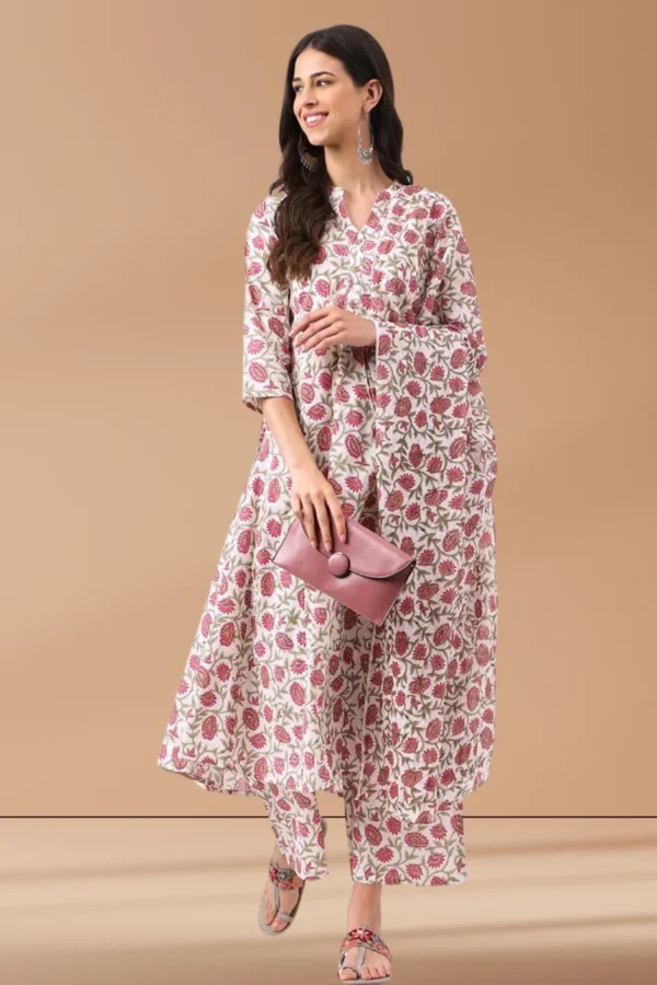 Anarkali Kurta Set -Floral Hand Block Print-Pure Cotton Pink White-Indian ethnic women's suit