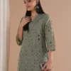 Mirror Embroidered Cotton Kurta Set-Straight Fit Lined Schiffli Tunic