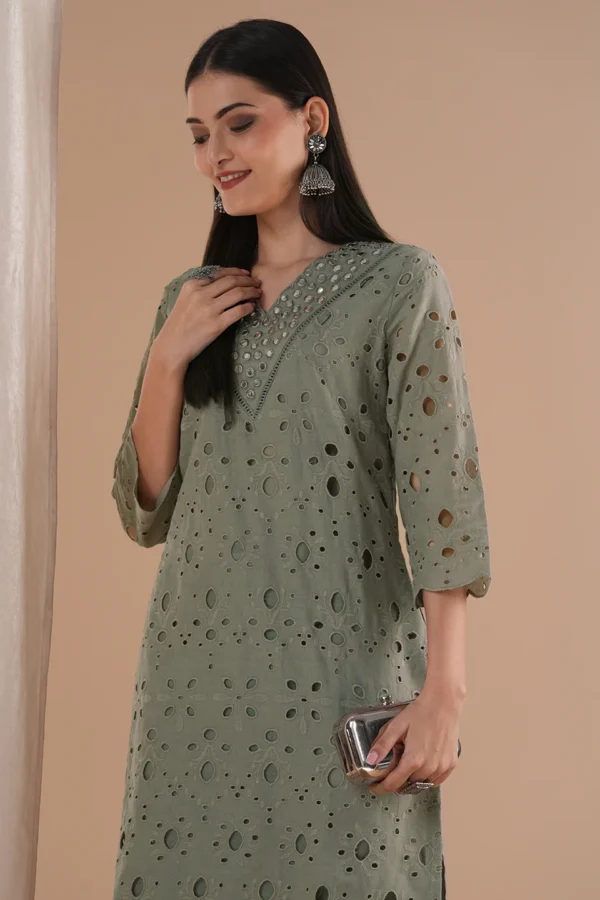 Mirror Embroidered Cotton Kurta Set-Straight Fit Lined Schiffli Tunic