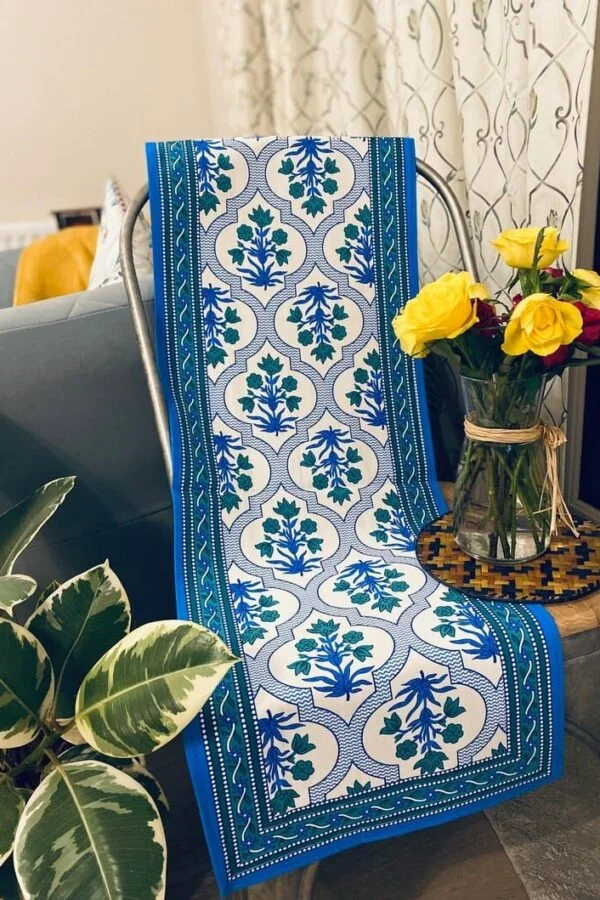 Floral Hand Screen Print Table Runner Pure Cotton Canvas-Blue-White