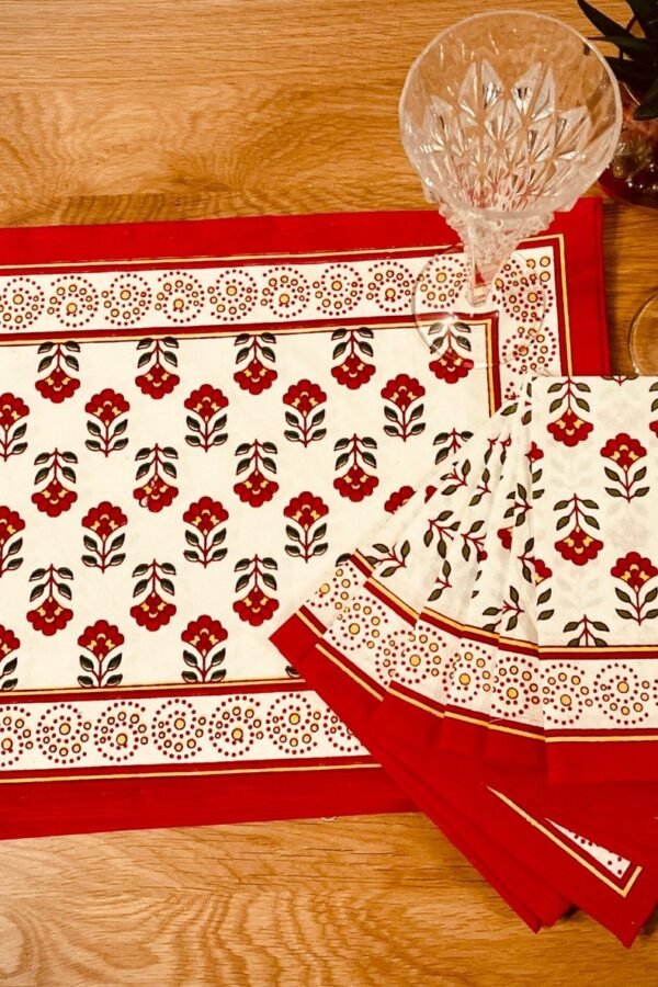 Table Mats Set Of 6 Cotton Canvas Block Print With Pure Cotton Soft Napkins