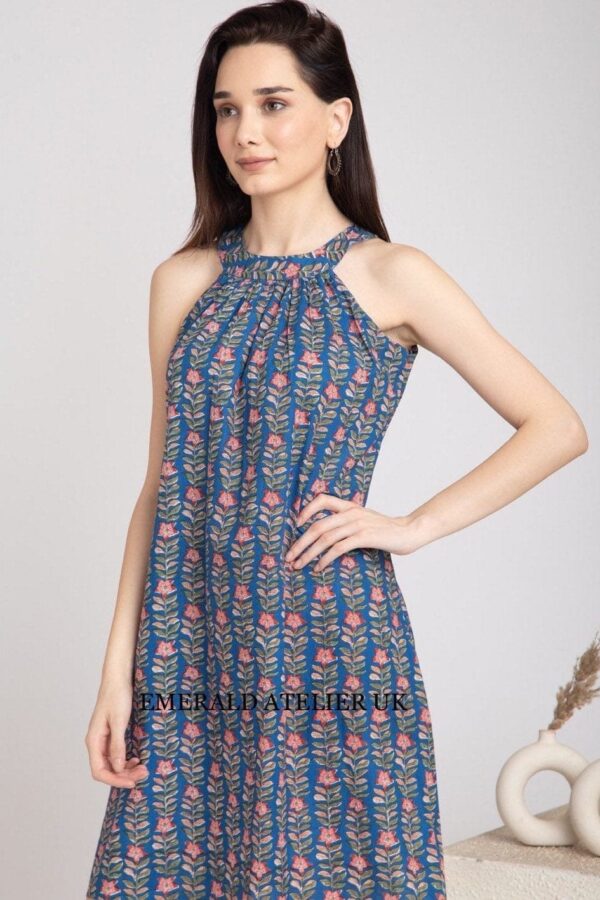 Floral Hand Block Print Halter Neck Dress -Pure Cotton Summer Dress