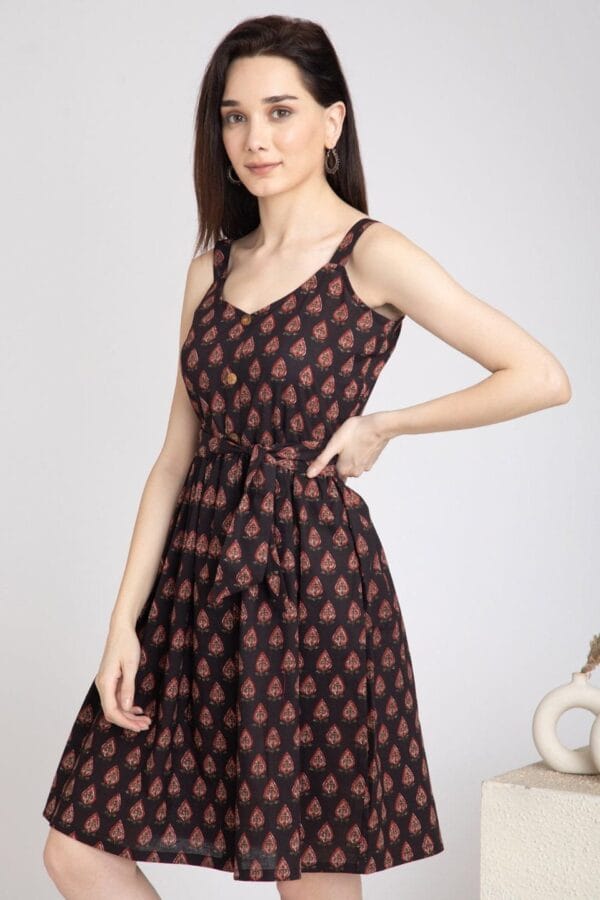 Pure Cotton Dress- Block print Sash belt Flared Skater Dress