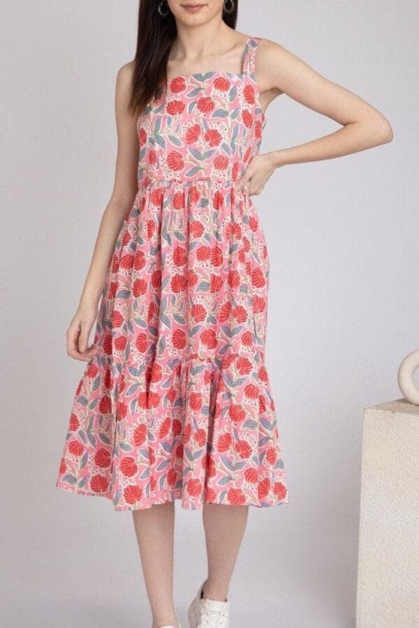 Pink Pure Cotton Floral Hand Block Print Dress