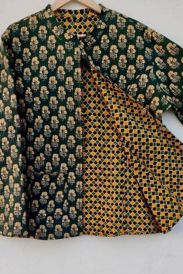 Quilted Cotton Block Print Reversable Jacket -Pockets-Green-Yellow