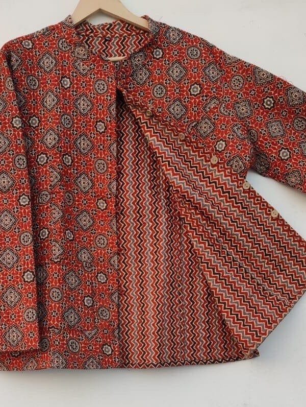 Reversible Quilted Cotton Jacket Vintage Brick Red Ethnic Block Print -Pockets