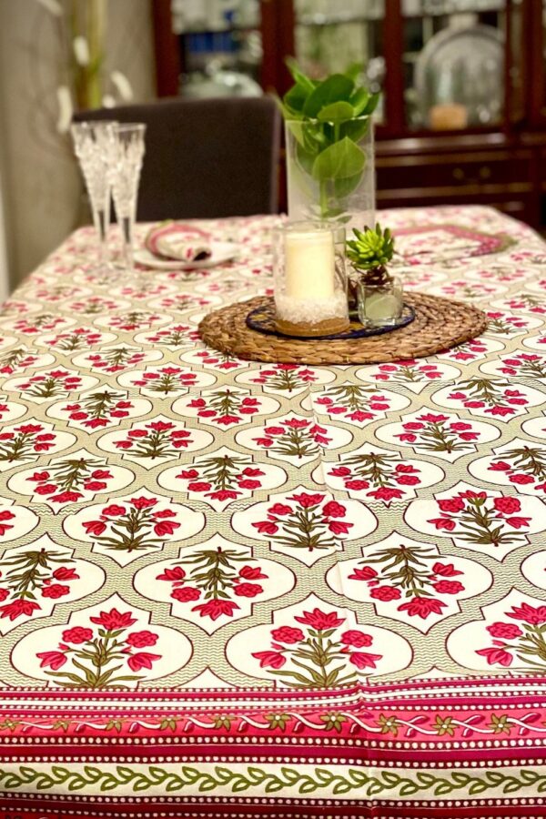 Floral Block Printed Table Cloth Napkins Set