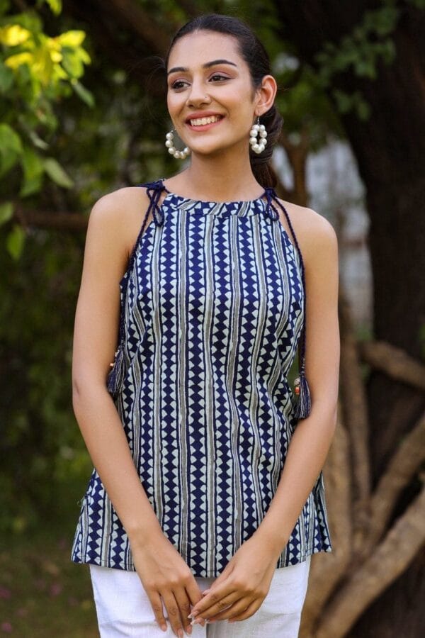 Indigo Halter Neck Top- Pure Cotton Hand Block Print