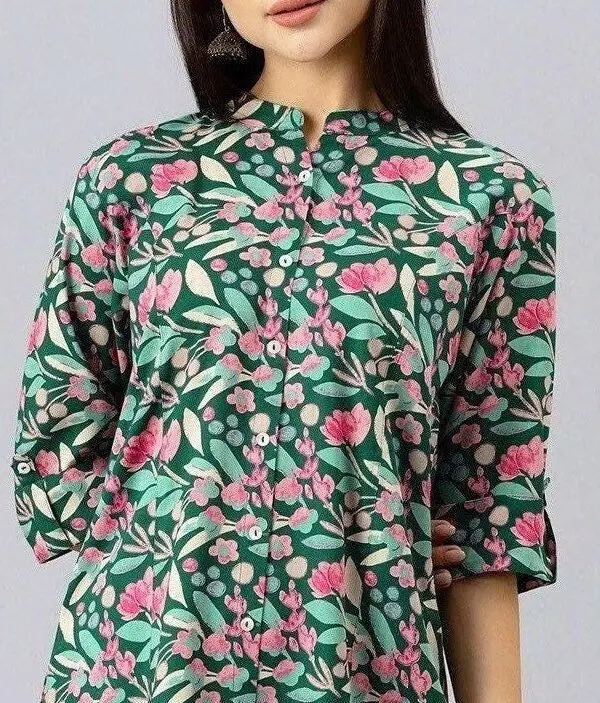 Floral Shirt- Women's Mandarin Collar Blouse-Viscose Rayon