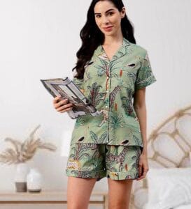 Green Botanical Hand Block Print Shorts Set - Pure Cotton Loungewear