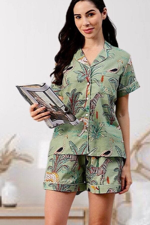 Green Botanical Hand Block Print Shorts Set - Pure Cotton Loungewear