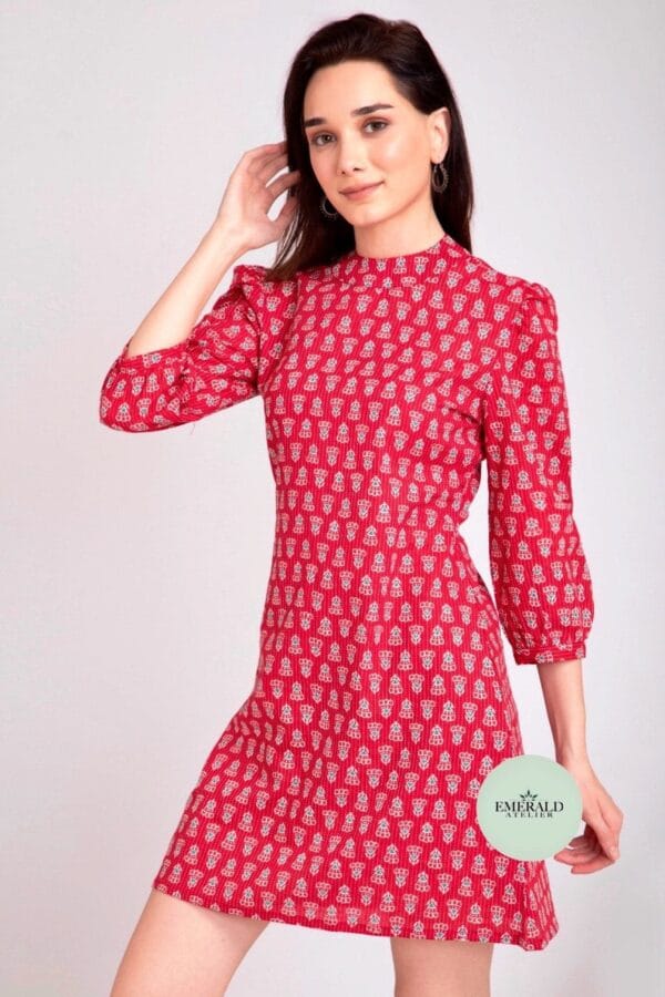 Block Print Shift Dress Pure Cotton With High Neck And Back Zip