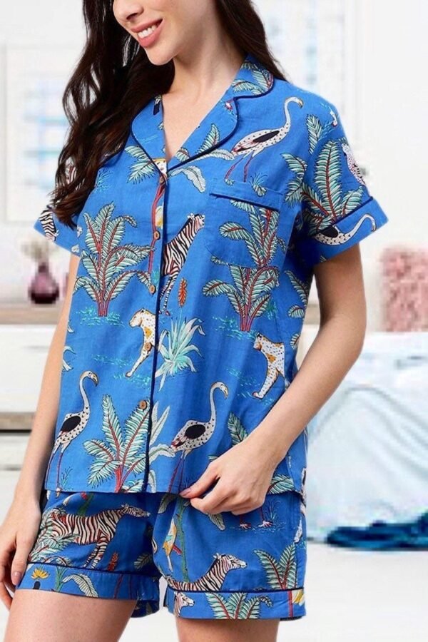 Blue Botanical block Shorts Set -Pure Cotton Loungewear