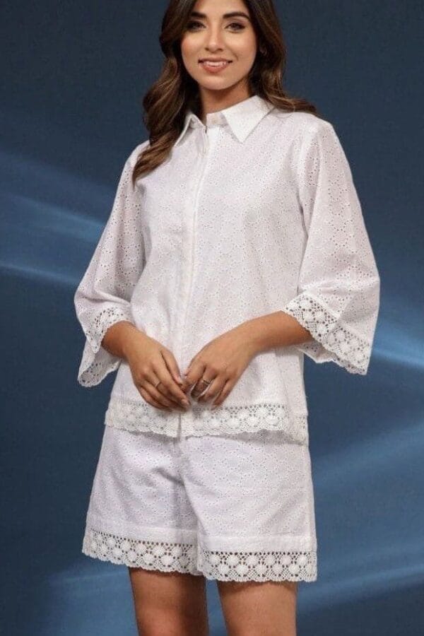 White Broderie Shorts Shirt Set- Soft Lined Summer Loungewear