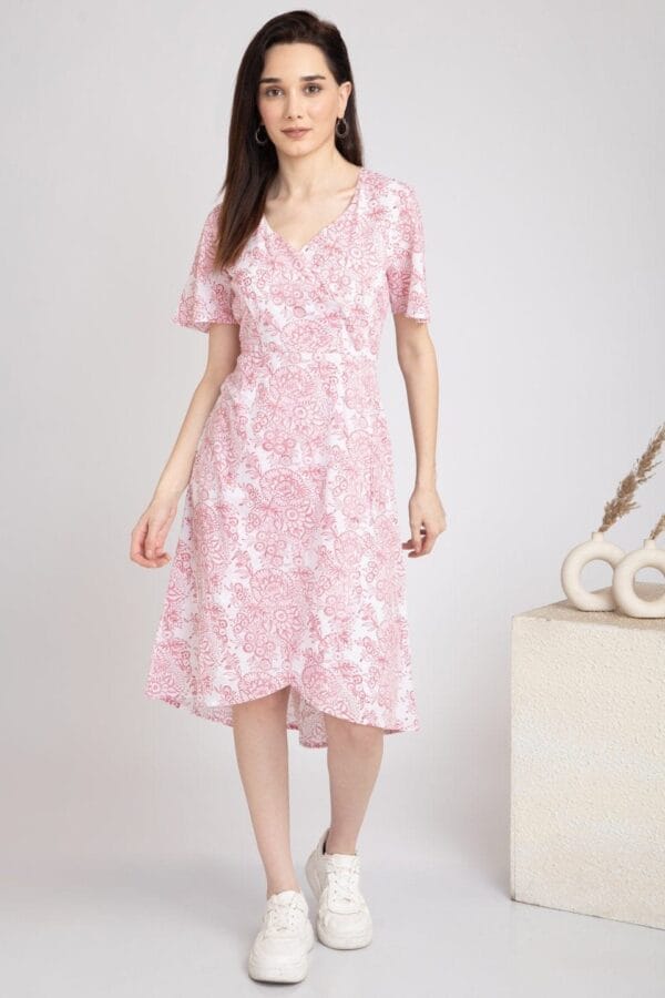 Pink Floral Midi Pure Cotton Lined-Side Zip-Petal Sleeves Dress
