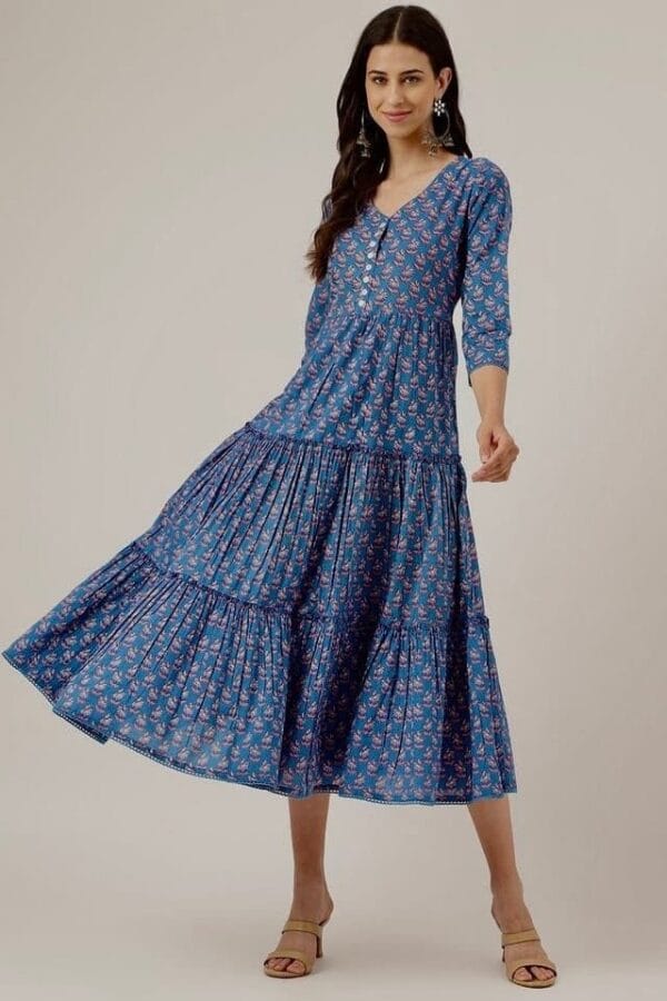 Pure Cotton Tiered Dress - Blue Floral Hand Block Print Crochet Lace V-Neck Midi