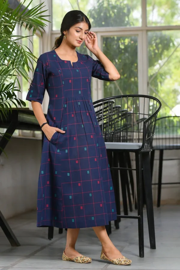 Handloom Woven Pure Cotton A-Line Midi- Pocket-Blue Summer Dress