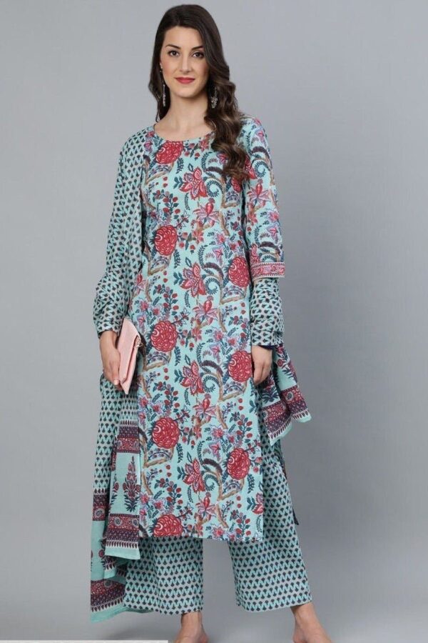 Floral Block Print Kurta Pant Dupatta Set Pure Cotton-Indian Ethnic women's suit