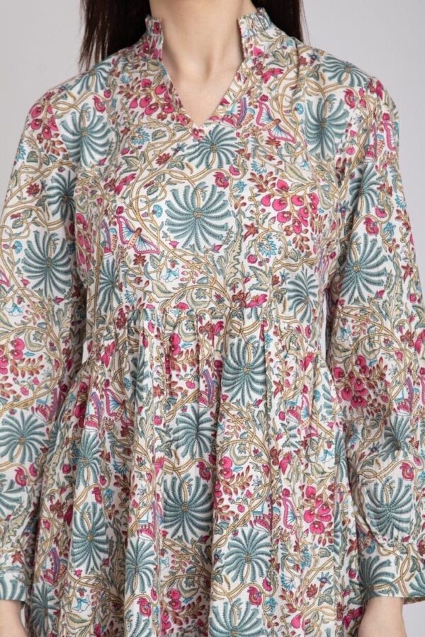 Botanical Print Tiered Dress-Pure Cotton Pleated Collar Fit and Flare Long Sleeve dress