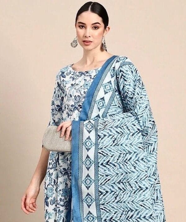 Anarkali Kurta Set-Pure Cotton Botanical Block Print Scoop Back Neck Dress