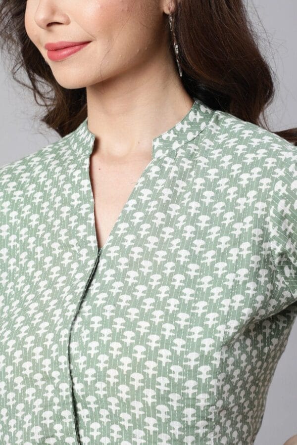 Pure Cotton Tunic-Hand Block Print Cool Green Blouse