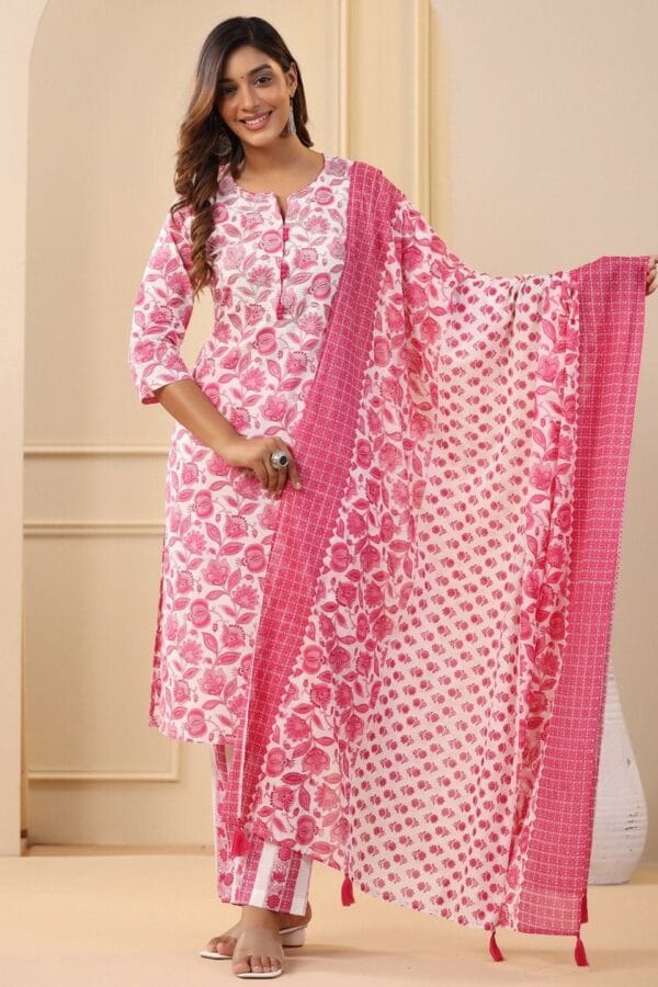 Straight Kurta Set-Pure Cotton Pink Floral Print Embroidered Indian Ethnic Women's Suit