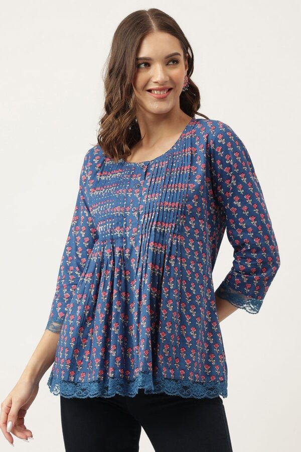 Hand Block Print Tunic-Blue Pure Cotton Blouse with Pintucks & Lace