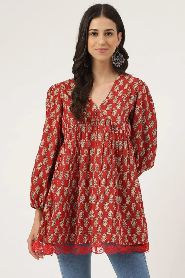Red Pure Cotton Tunic- Hand Block Print V-Neck Boho Blouse