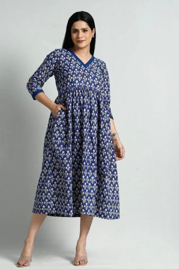 Indigo Blue Pure Cotton Dress - Floral Hand Block Print V-Neck Midaxi