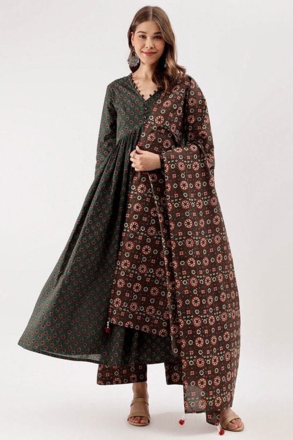 Anarkali Kurta Set In Pure Cotton-Hand Block Print Ethnic Indian dress-Black